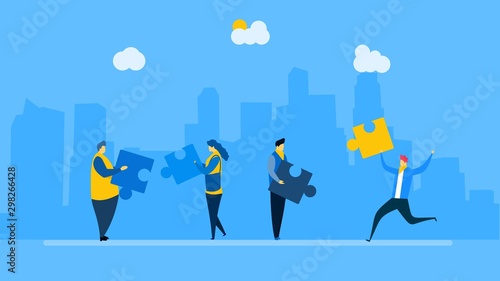 people connecting puzzle elements.Symbol of teamwork,partnership with Tiny People Character Concept Vector Illustration, Suitable For web landing page,Wallpaper, Background,banner,Book Illustration