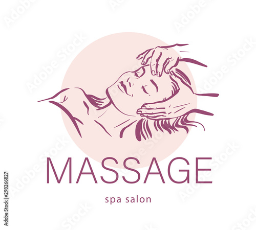 Massage spa salon logo design. Human hands massaging beautiful lady model face laying. Hand drawn sketch vector illustration. For massage wellness spa centre emblem. 