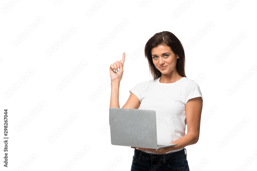 smiling woman pointing up and having idea while using laptop, isolated on white smiling woman pointing up and having idea while using laptop, isolated on white