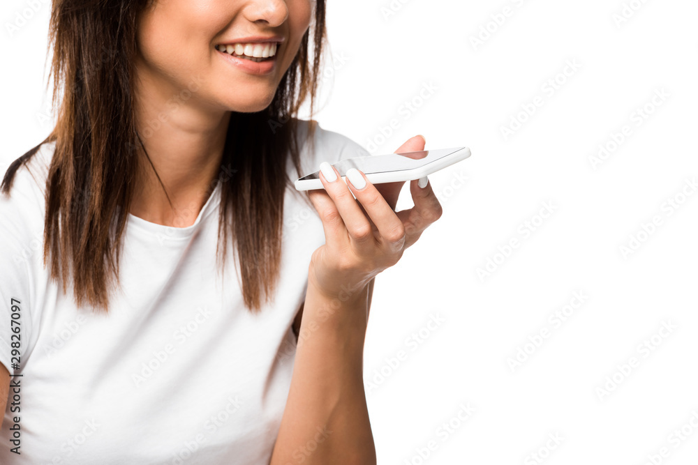 cropped view of young woman using smartphone, isolated on white cropped view of young woman using smartphone, isolated on white