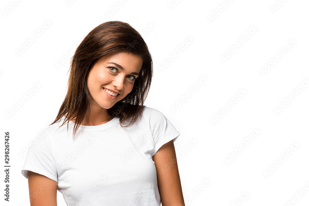 beautiful smiling woman in white t-shirt looking at camera, isolated on white beautiful smiling woman in white t-shirt looking at camera, isolated on white