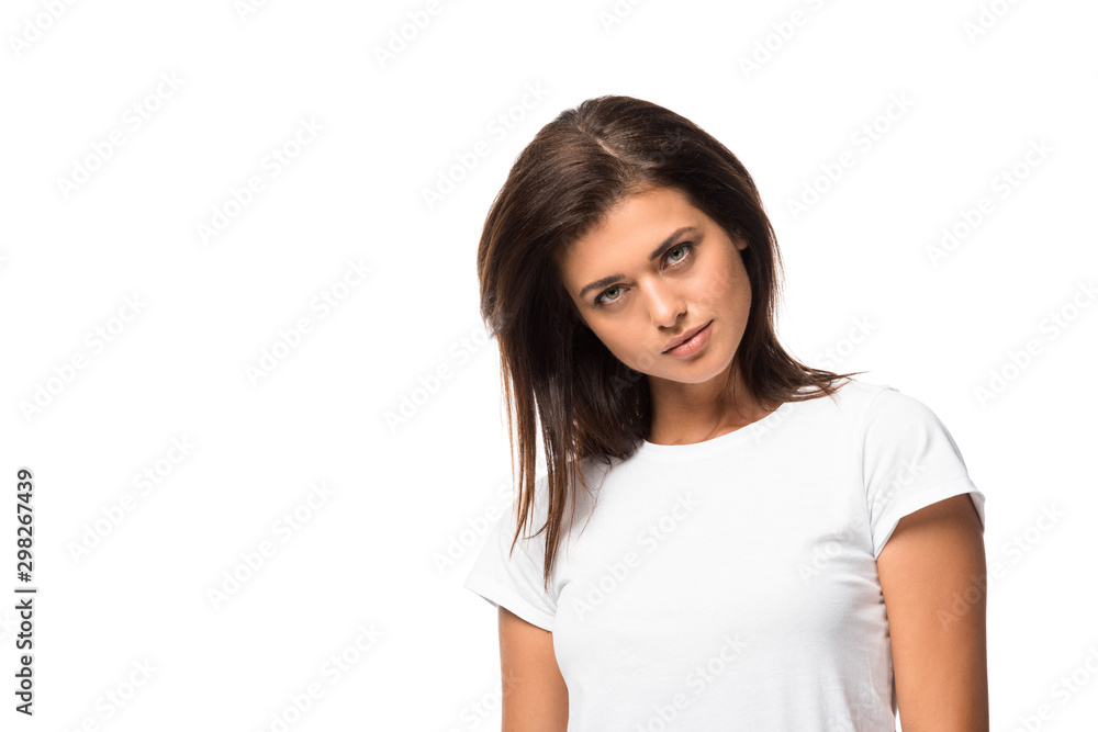 attractive young woman posing in white t-shirt, isolated on white attractive young woman posing in white t-shirt, isolated on white