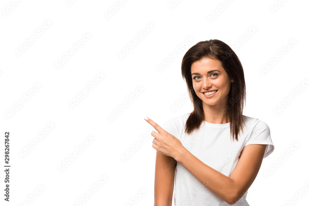attractive woman in white t-shirt pointing at something, isolated on white attractive woman in white t-shirt pointing at something, isolated on white