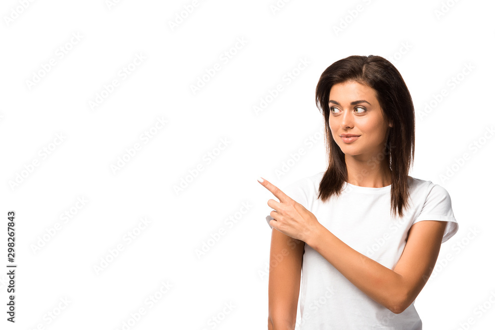 beautiful woman in white t-shirt pointing at something, isolated on white beautiful woman in white t-shirt pointing at something, isolated on white