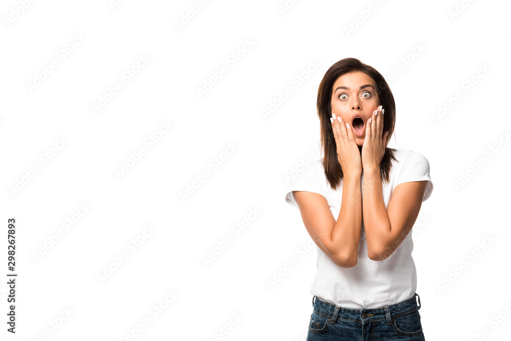 Fototapeta premium beautiful shocked woman in white t-shirt, isolated on white