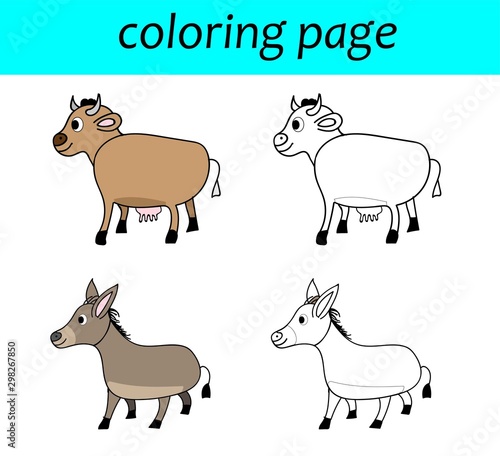 Coloring Page. farm animal set. Cow and donkey cartoon illustration.