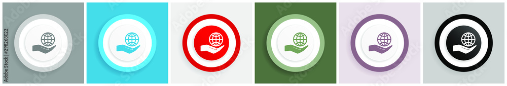 Hand protect the earth icon set, colorful flat design vector illustrations in 6 options for web design and mobile applications Hand protect the earth icon set, colorful flat design vector illustrations in 6 options for web design and mobile applications