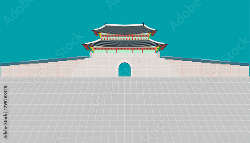 sungnyemun gate and long wall and large courtyard at changedoekgung palace in seoul south korea vector illustration eps10