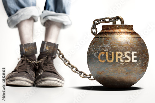Curse can be a big weight and a burden with negative influence - Curse role and impact symbolized by a heavy prisoner's weight attached to a person, 3d illustration