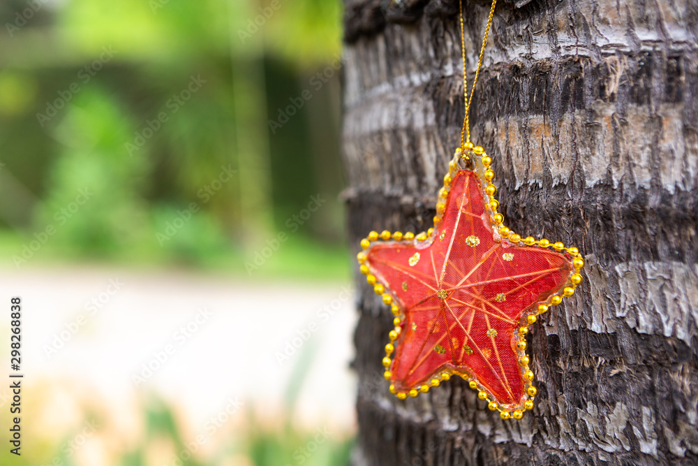 Beautiful red Christmas star hanging on tree trunk with defocused green garden background. Selective focus. Concept of merry christmas, holidays, happy new year, happiness and celebration.