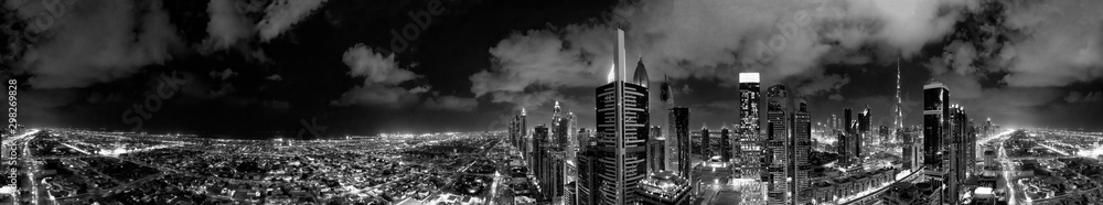 Aerial view of Dubai buildings at night, United Arab Emirates