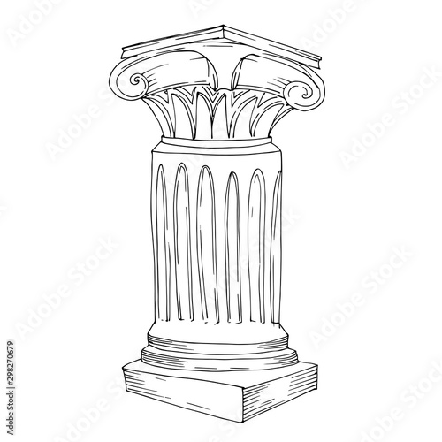 Vector Antique greek columns. Black and white engraved ink art. Isolated ancient illustration element.