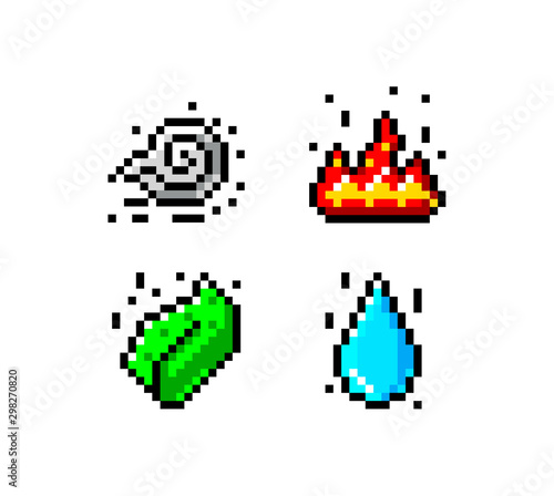 Four elements of nature. Vector illustration. Pixel graphics. Old style games. Book of magic and energy. © makalo86