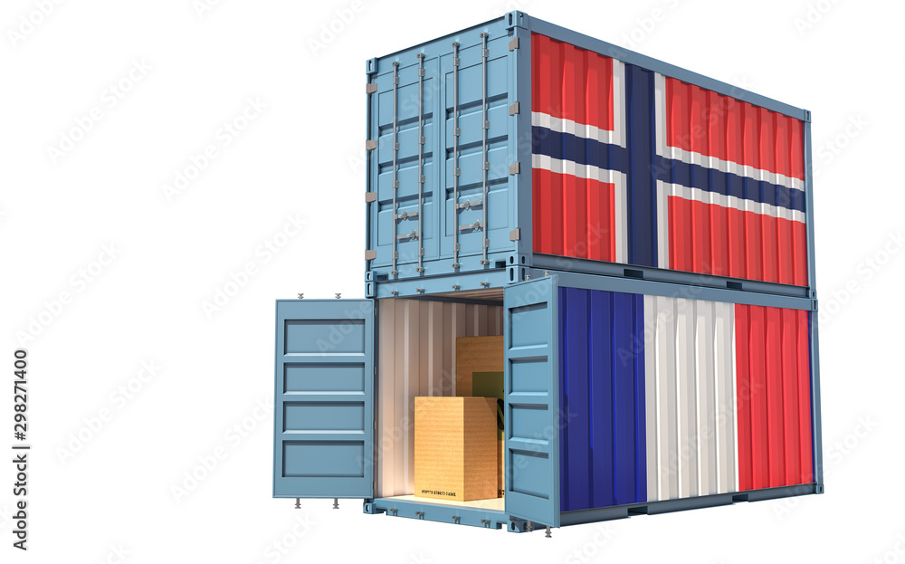 Fototapeta premium Two freight container with Norway and France flag. Isolated on white - 3D Rendering