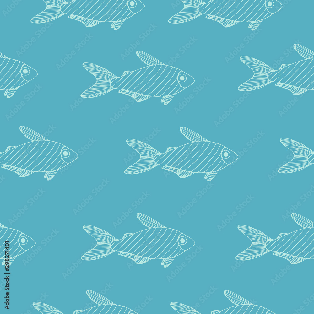 Striped fish line sketch light blue pattern on bright blue background Striped fish line sketch light blue pattern on bright blue background