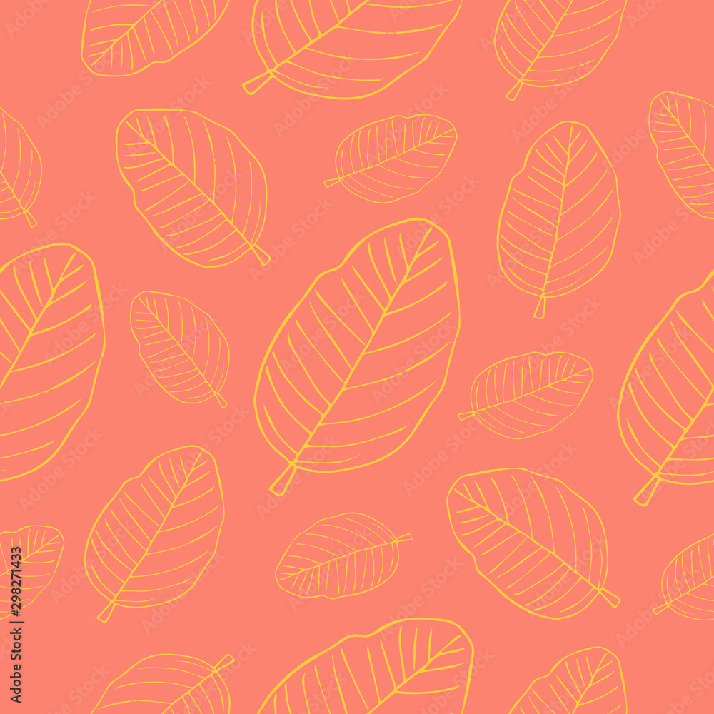 Yellow leaves sketch line pattern on coral background-