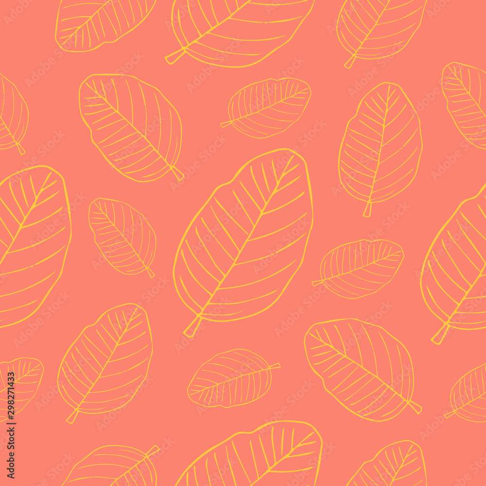 Yellow leaves sketch line pattern on coral background- Yellow leaves sketch line pattern on coral background-