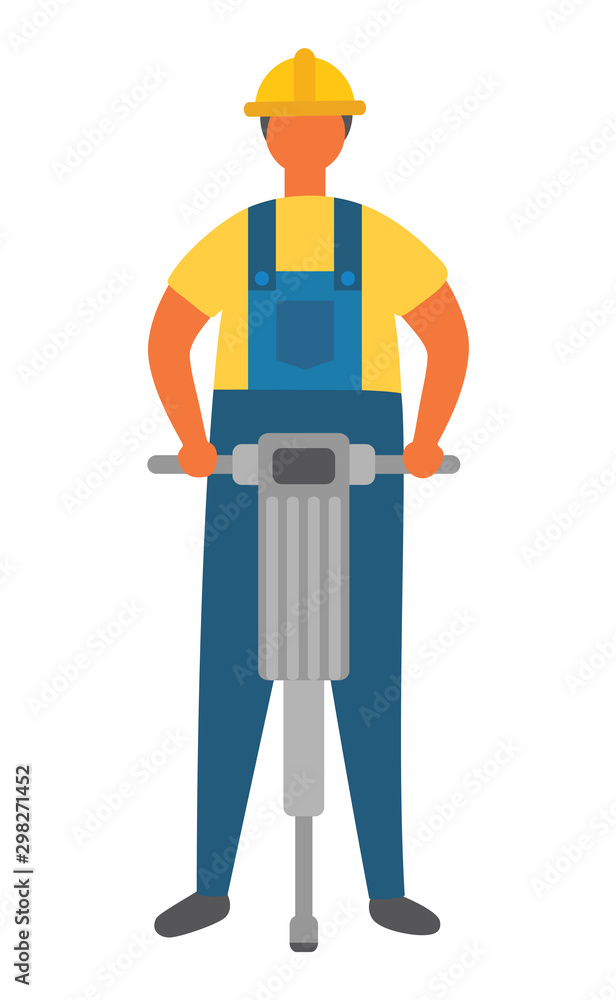 Worker wearing uniform and helmet, isolated workman character with auger. Drilling ground, drill tool used by male. Adult with assignment from boss. Vector illustration in flat cartoon style Worker wearing uniform and helmet, isolated workman character with auger. Drilling ground, drill tool used by male. Adult with assignment from boss. Vector illustration in flat cartoon style