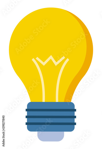 Yellow glass bulb in flat style closeup. Vector lamp symbol of new idea, innovation technology concept. Vector illuminated electrical lightbulb, solution