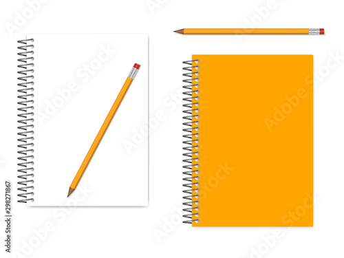 Spiral A5 notebook empty page and cover with graphite pencil, realistic vector mockup