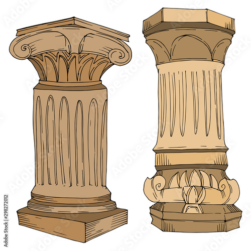 Vector Antique greek columns. Black and white engraved ink art. Isolated ancient illustration element.