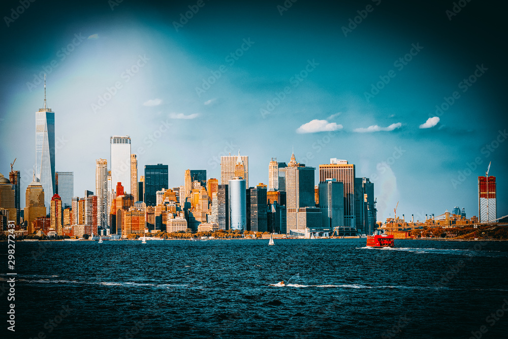 View from the water, from Hudson bay to Lower Manhattan. New York City Financial capital of America.