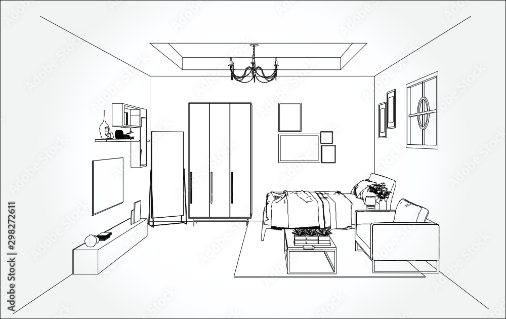 Linear sketch of an interior. Living room and bedroom drawing plan. Sketch Line sofa set. Vector illustration.outline sketch drawing perspective of a interior space. Linear sketch of an interior. Living room and bedroom drawing plan. Sketch Line sofa set. Vector illustration.outline sketch drawing perspective of a interior space.