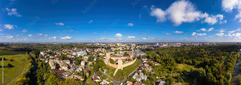 Aerial panorana view of The Lubart Castle in Ukraine. Cityscape Lutsk.