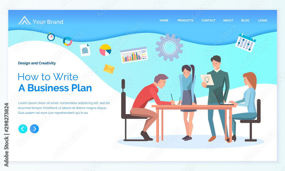 Teamwork cooperation how to write business plan, man and woman working with laptop. Diagram and setting icons, leadership and brainstorming vector. Landing page or app slider, web-page in flat style