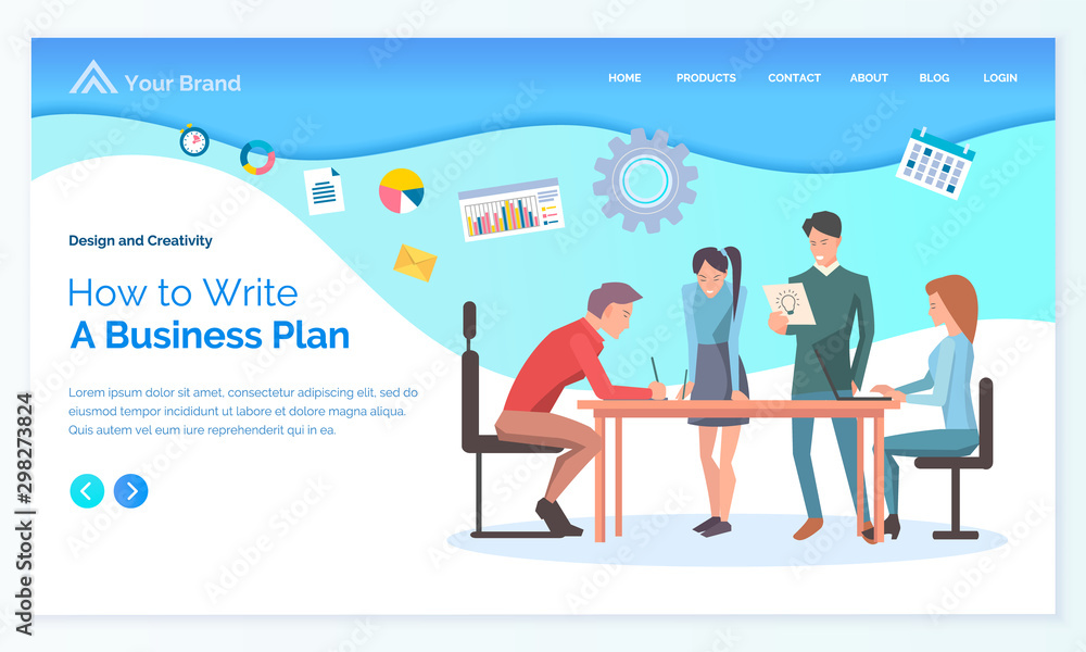 Teamwork cooperation how to write business plan, man and woman working with laptop. Diagram and setting icons, leadership and brainstorming vector. Landing page or app slider, web-page in flat style Teamwork cooperation how to write business plan, man and woman working with laptop. Diagram and setting icons, leadership and brainstorming vector. Landing page or app slider, web-page in flat style