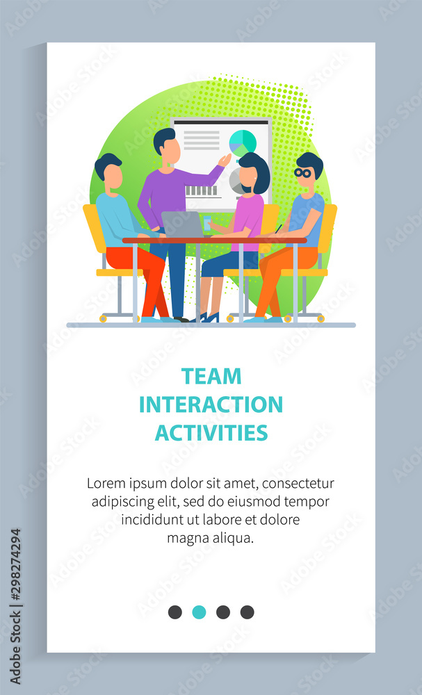 Team increation activities, man and woman business cooperation, workers using laptop, desk with diagram, leadership strategy, collaboration vector. Website slider app template, landing page flat style Team increation activities, man and woman business cooperation, workers using laptop, desk with diagram, leadership strategy, collaboration vector. Website slider app template, landing page flat style