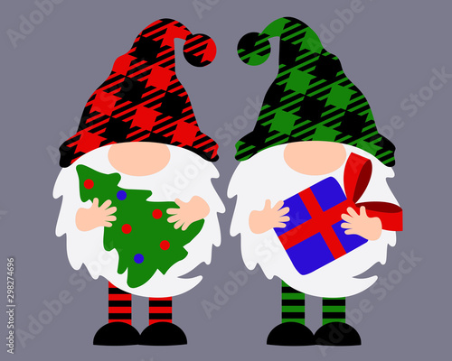 Merry Christmas Gnomes with hat vector stock design. Buffalo plaid clip art. Gnome with a gift and a gnome with a Christmas tree. Room, Home decor. 