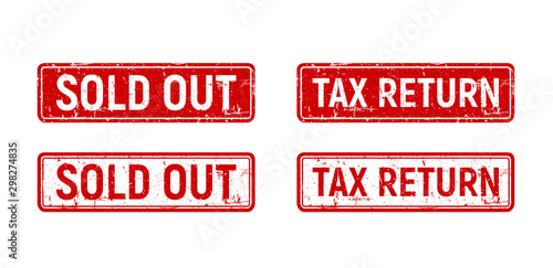 Sold out stamp set, red tax free box on grunge rubber stamp. Vintage old texture frame with text, business element for trading and sale. Vector illustration.
