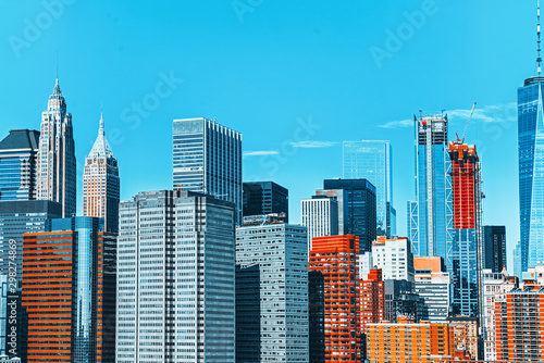 Lower Manhattan  from Brooklyn Bridge which across the East Rive  between Manhattan and Brooklyn. New York.