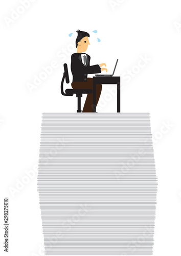 Stress businessman on top of documents doing work. Concept of overwork, office culture or corporate sabotage.