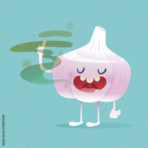 Halitosis concept of cartoon garlic with bad breath on the green background -  Total health and Dental problems - illustration and vector design