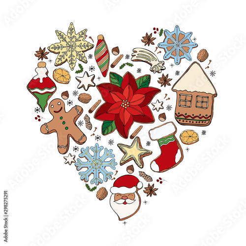 doodle set of heart-shaped christmas ginger cookies