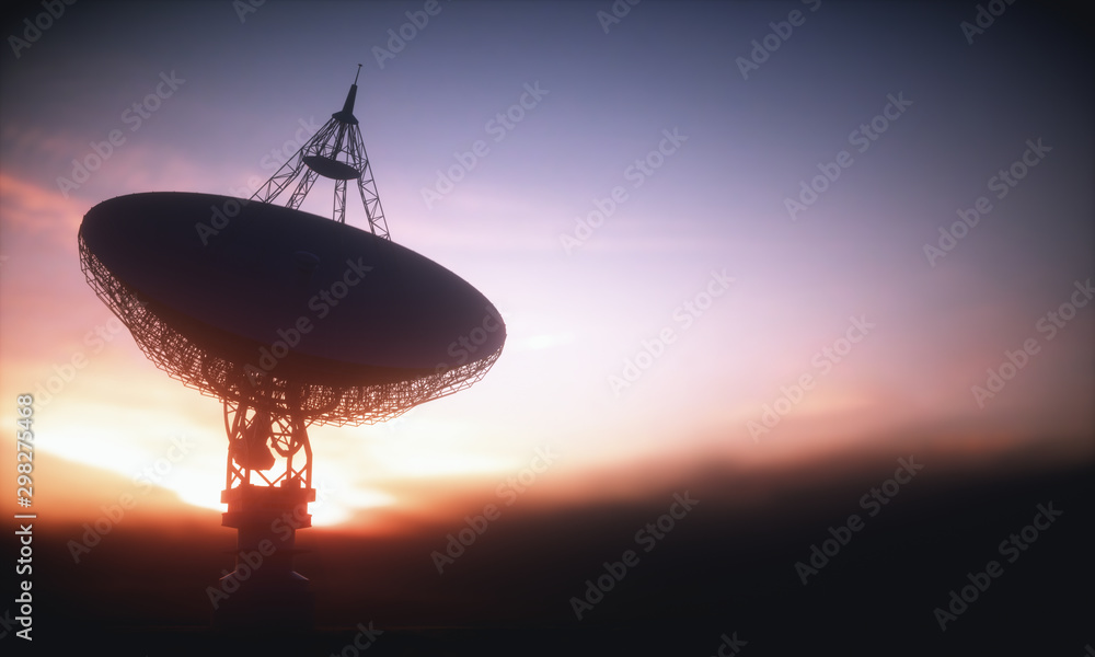 Huge satellite antenna dish for communication and signal reception out of the planet Earth. Observatory searching for radio signal in space at sunset. Huge satellite antenna dish for communication and signal reception out of the planet Earth. Observatory searching for radio signal in space at sunset.