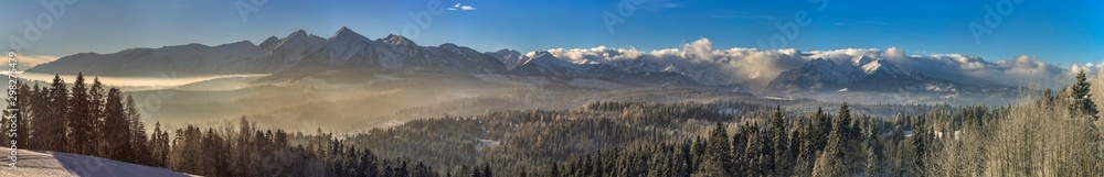 Beautiful winter landscape with a view of the Tatra Mountains