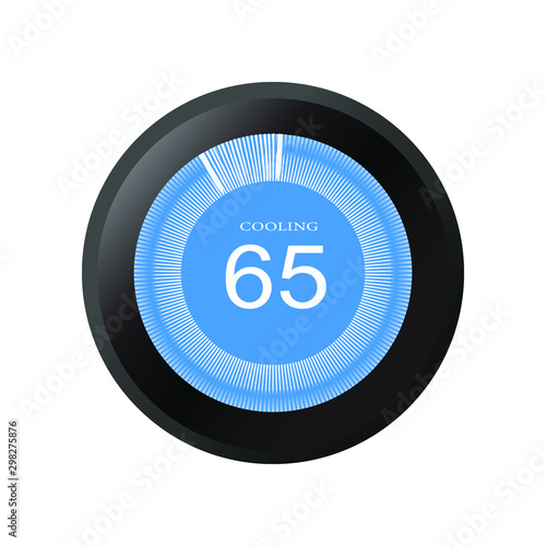 Cooling mode at 65 Fahrenheit, Wireless Circle Thermostat with icons with white background 