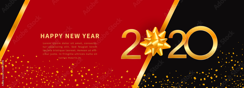 Fototapeta premium Happy New Year 2020 - New Year greeting card, voucher or coupon template with shiny gold text design, numbers and golden ribbon bow on black background with glitter confetti