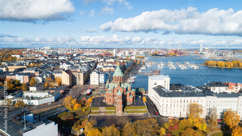 City center aerial view. Assumption Cathedral. View of the remarkable Orthodox Uspenski Cathedral in Helsinki.