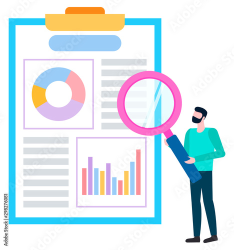Broker agent analyzing sales of goods. Person near board with charts and graphs, statistical data. Worker with magnifier investigating information. Vector illustration in flat cartoon style