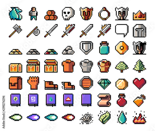 Pixel art, game item, icon and objects for the design. Vector illustration. Fantasy world. Old game console.