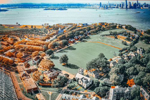 Governors Island National Monument near New York and Manhattan from a bird's eye view. photo