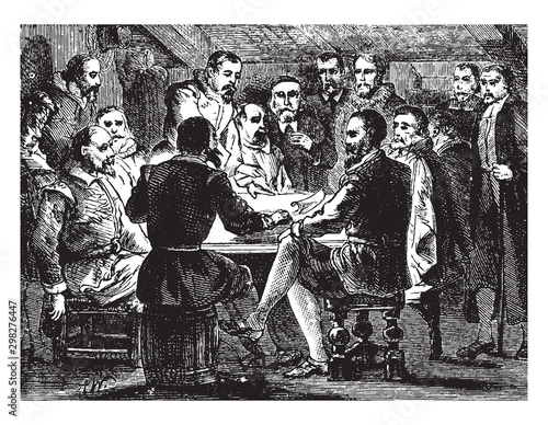 Signing of the Mayflower Contract,vintage illustration. photo