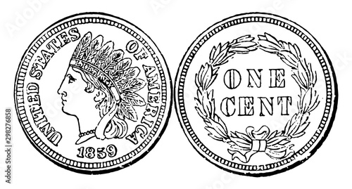Copper-Nickel Cent Coin, 1859 vintage illustration.