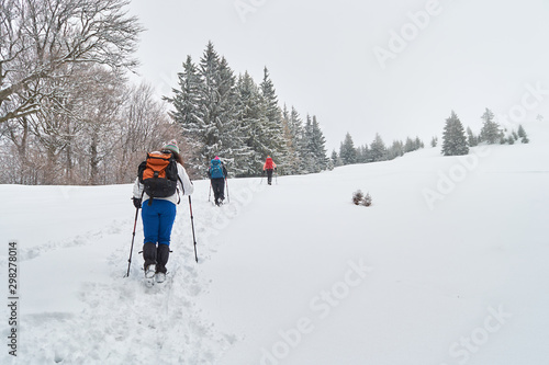 Three women hiking in the Carpathian mountains / Baiului mountains, Romania, through a meadow towards a ridge, during an overcast day with difficult snow conditions.
