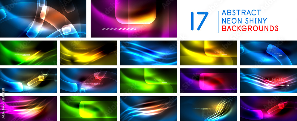 Set of neon abstract waves backgrounds. Shiny lights on bright colors with design elements. Futuristic or technology templates illustration, hi-tech concepts