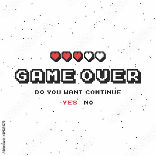 Game over vector pixel background, texture damage. Glitch error with text. Game design. Final scene.